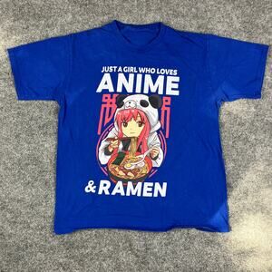 Anime & Ramen Girl T-Shirt Women's L Blue Graphic Panda Hood Cute